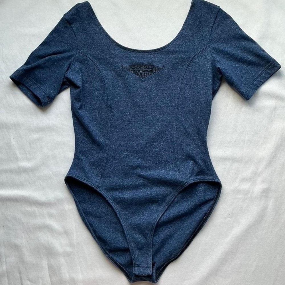 Vintage harley davidson blue short sleeve bodysuit size large